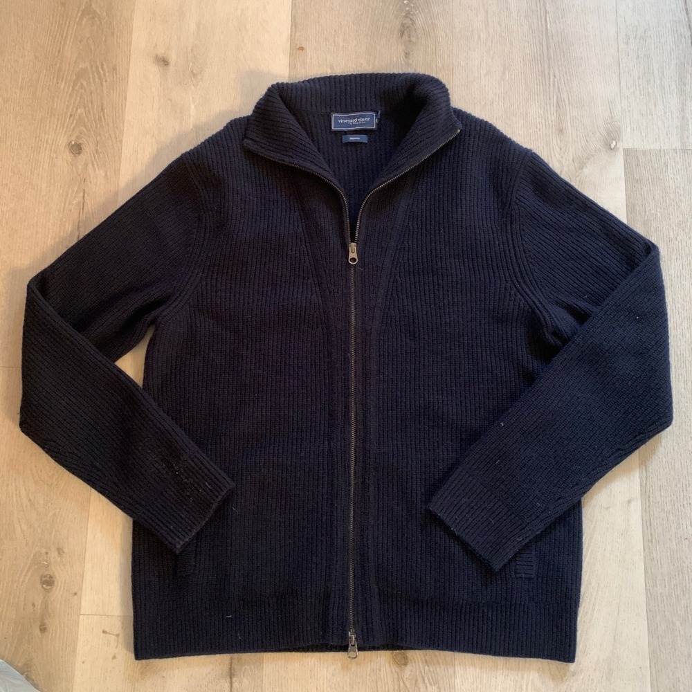 Vineyard Vines Mens L Navy Blue 100% Merino Wool Full Zip Ribbed Knit Sweater